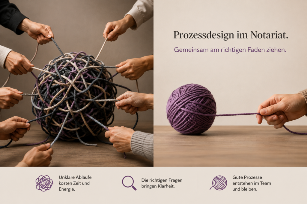 Chaotisches Wollknäuel mit vielen Händen und ordentlich aufgewickeltes Wollknäuel als Symbol für Prozessdesign und Prozessoptimierung im Notariat.